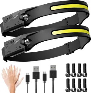 Headlamp Rechargeable 2PCS, 230° Wide Beam Head Lamp LED with Motion Sensor for Adults - Camping Accessories Gear, Waterproof Head Light Flashlight for Hiking, Running