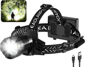 Headlamp Rechargeable, 3000 Lumen Super Bright Led Headlamps with 4 Modes & 12H Long Runtime, Powerful Waterproof Head Lamp with Digital Display & 90° Adjustable for Adults Camping Cycling