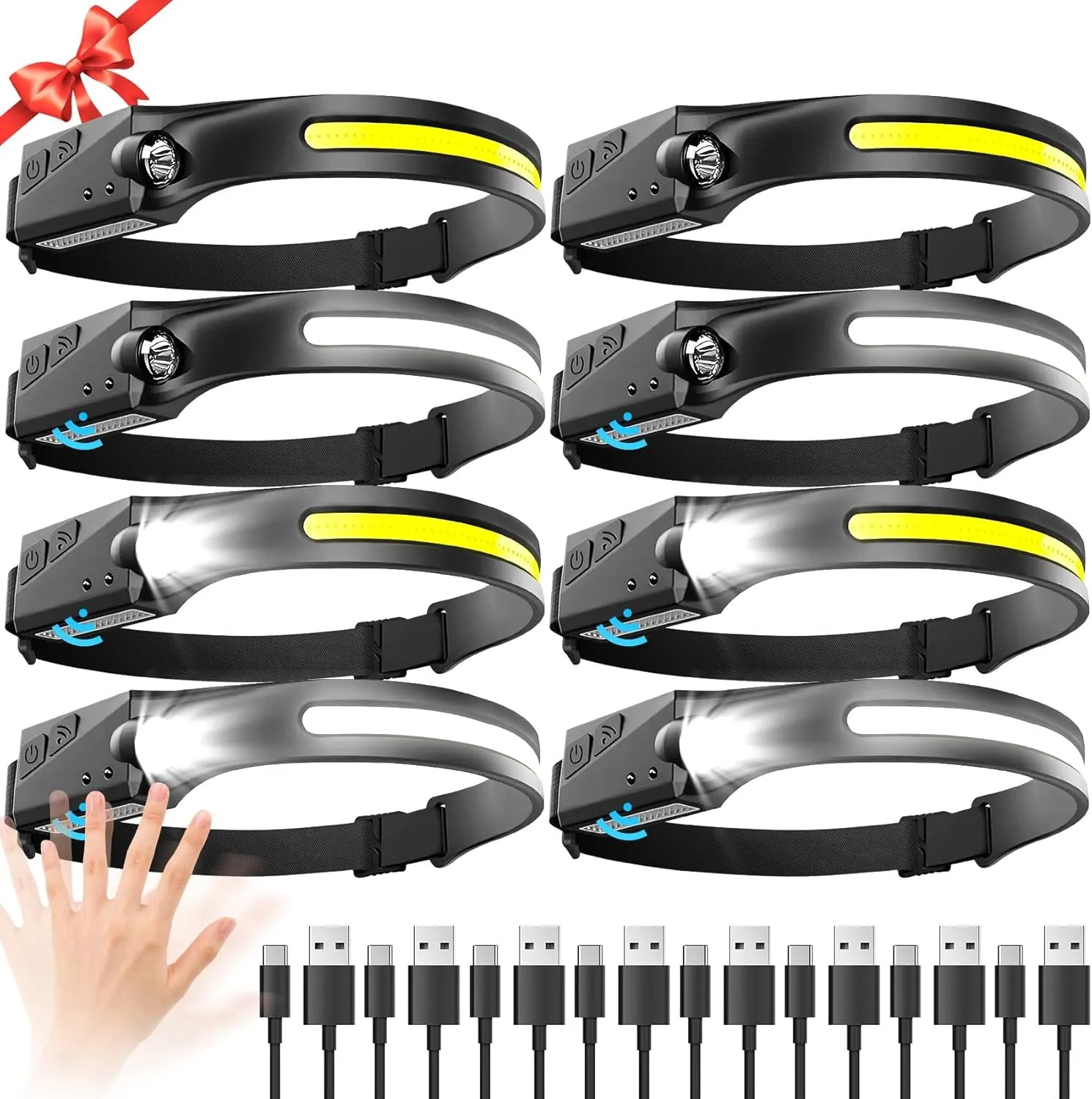 Headlamp Rechargeable 8 Pack, LED Headlight Flashlight Super Bright with 230° Wide Beam, Motion Sensor, 5 Modes Waterproof Head Lamp for Outdoor Hiking Running Camping