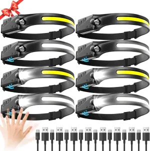 Headlamp Rechargeable 8 Pack, LED Headlight Flashlight Super Bright with 230° Wide Beam, Motion Sensor, 5 Modes Waterproof Head Lamp for Outdoor Hiking Running Camping