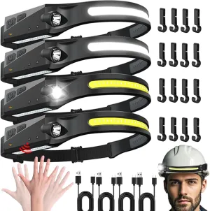 Headlamp Rechargeable for Hard Hat 4 Packs, 230° Wide Beam Head Lamps LED Rechargeable Headlamps for Adults, Forehead Headlight with Motion Sensor for Hiking, Running, Repairing, Fishing, Cycling