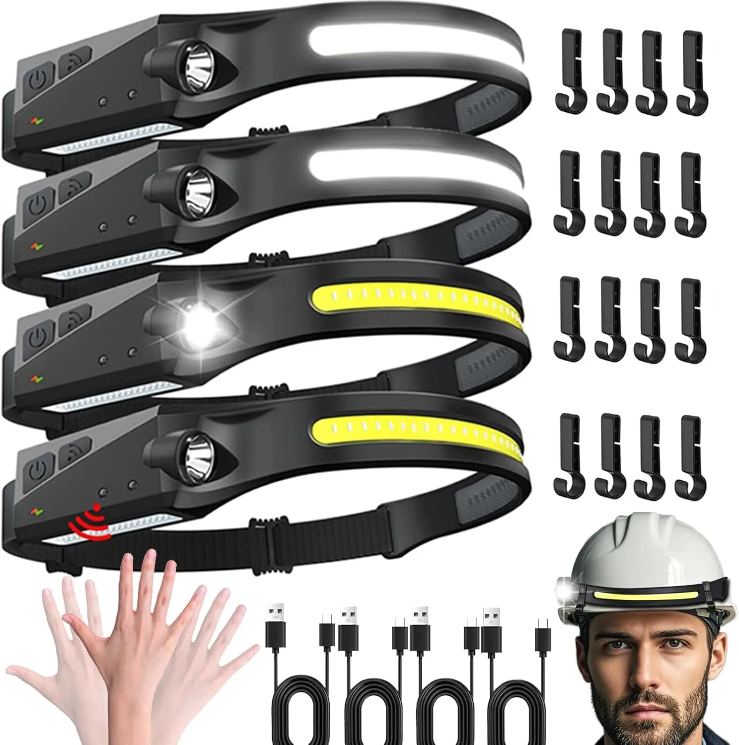 Headlamp Rechargeable for Hard Hat 4 Packs, 230° Wide Beam Head Lamps LED Rechargeable Headlamps for Adults, Forehead Headlight with Motion Sensor for Hiking, Running, Repairing, Fishing, Cycling