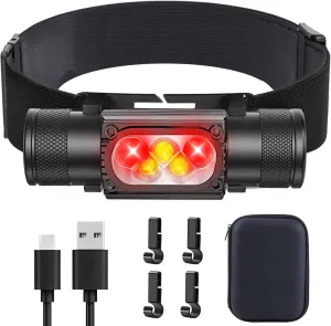 Headlamp Rechargeable with Red Light, Head Lamps Led Rechargeable Super Bright for Adults, Hardhat Head Lights for Forehead Battery Powered, Headband Headlights Flashlight for Running Camping Hiking