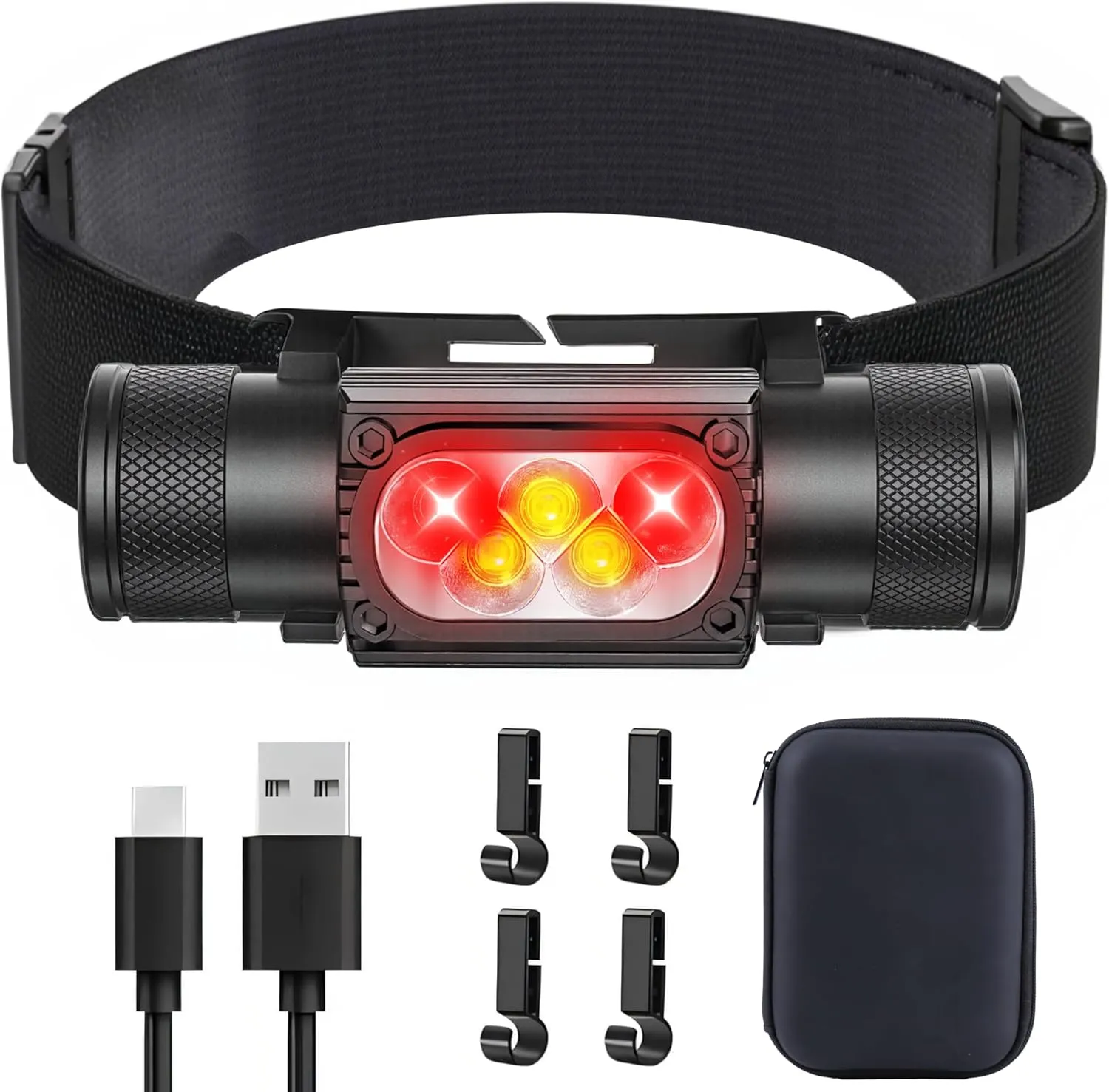 Headlamp Rechargeable with Red Light, Head Lamps Led Rechargeable Super Bright for Adults, Hardhat Head Lights for Forehead Battery Powered, Headband Headlights Flashlight for Running Camping Hiking