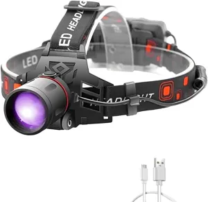 Headlamp UV Light, UV LED Black Light Headlamp 395nm Ultra Violet Purple Light Headlight Rechargeable & Zoomable for Auto Oil HVAC Leaks, Detects Rock Hounds, Scorpions, Pet Urine Stains