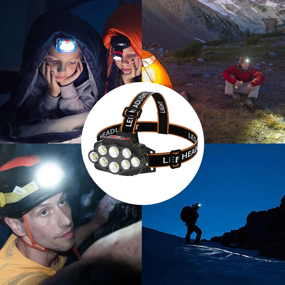 Headlight 8Led Head Powerful Flashlight USB Rechargeable Camping Search Light 2400mAh Outdoor Headlamp Torch for Outdoor Camping