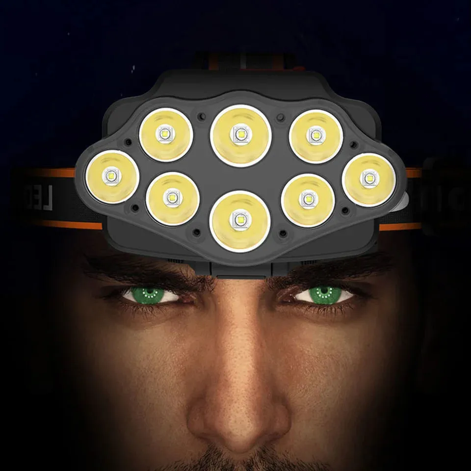 Headlight 8Led Head Powerful Flashlight USB Rechargeable Camping Search Light 2400mAh Outdoor Headlamp Torch for Outdoor Camping