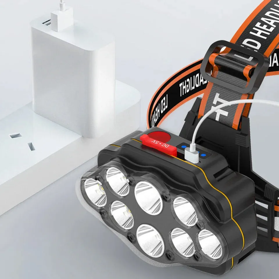 Headlight 8Led Head Powerful Flashlight USB Rechargeable Camping Search Light 2400mAh Outdoor Headlamp Torch for Outdoor Camping