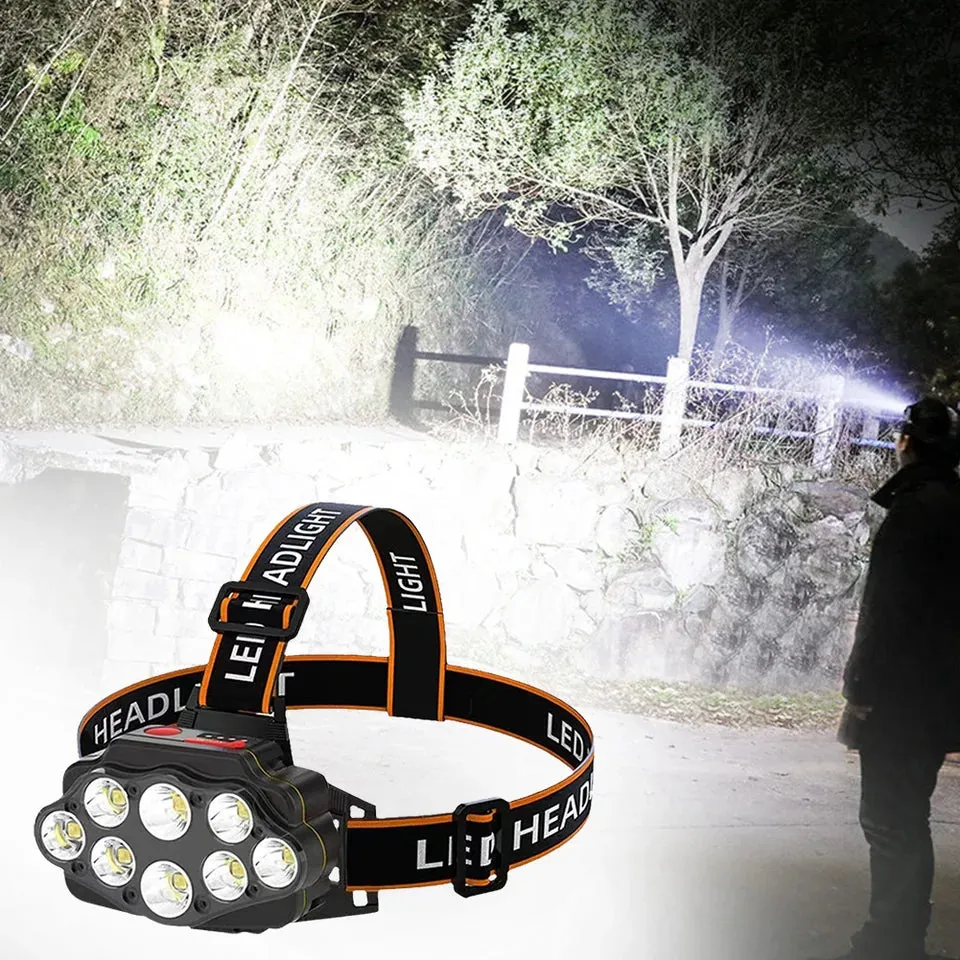 Headlight 8Led Head Powerful Flashlight USB Rechargeable Camping Search Light 2400mAh Outdoor Headlamp Torch for Outdoor Camping
