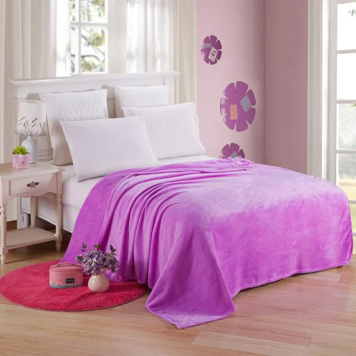 HEALLILY Solid Color Flannel Fleece Blanket Lightweight and Cozy for Couch Bed Home Use Extra Warm Purple Bedding for Winter Camping and Backpacking