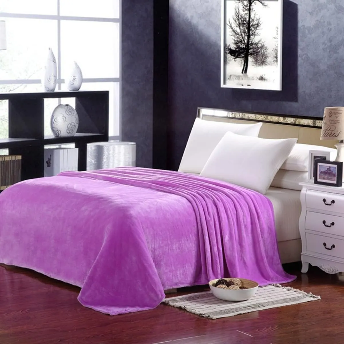 HEALLILY Solid Color Flannel Fleece Blanket Lightweight and Cozy for Couch Bed Home Use Extra Warm Purple Bedding for Winter Camping and Backpacking