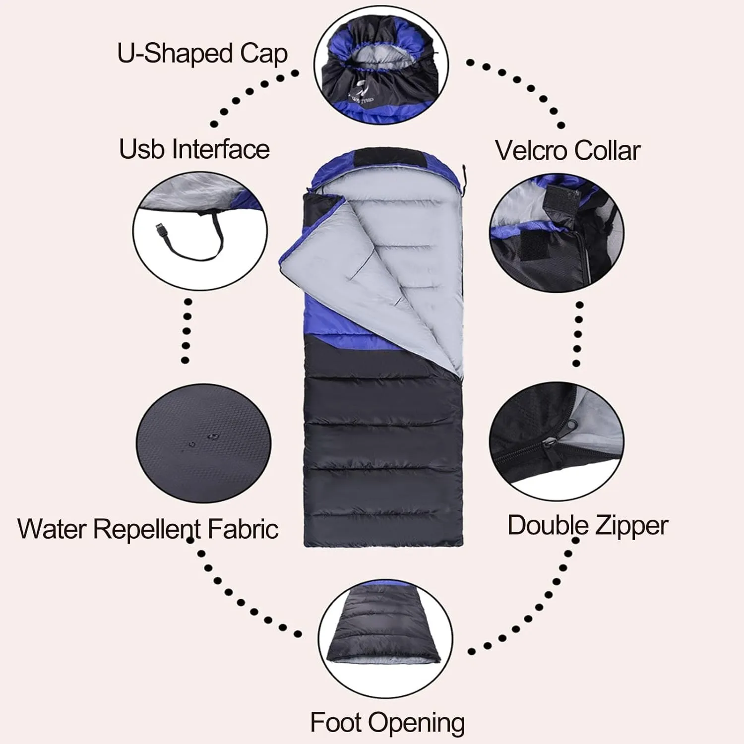 Heated Sleeping Bag, Rectangular USB Power Support Heating Pads Splicable 1.8Kg 3 Heating Levels Waterproof Lightweight for Adults Kids