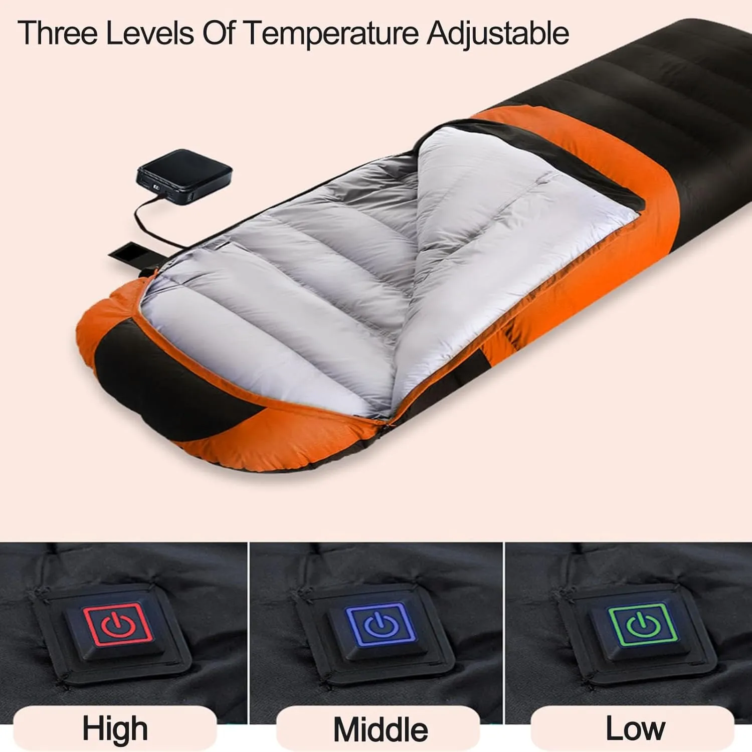 Heated Sleeping Bag, Rectangular USB Power Support Heating Pads Splicable 1.8Kg 3 Heating Levels Waterproof Lightweight for Adults Kids