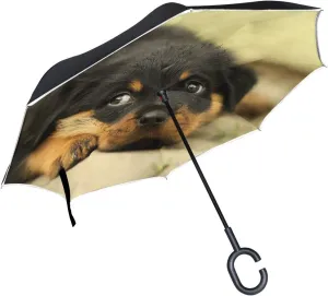 hengpai Dogs Little Sad Rottweiler Puppy Reverse Inverted Inside Out Umbrella Cars Unigue Windproof UV Proof Double Layer for Women