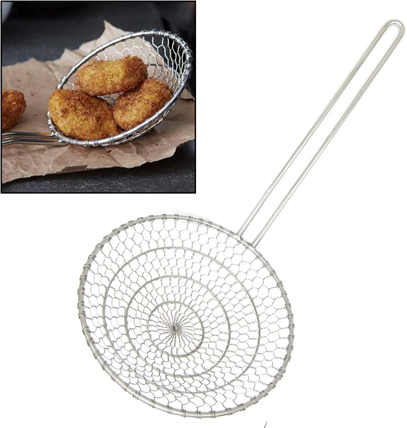 Hicook Stainless Steel Kitchen Spider Strainer Skimmer Ladle Food Dumpling Noodle Strainer for Pasta Spaghetti Noodles and Frying, 7 inches