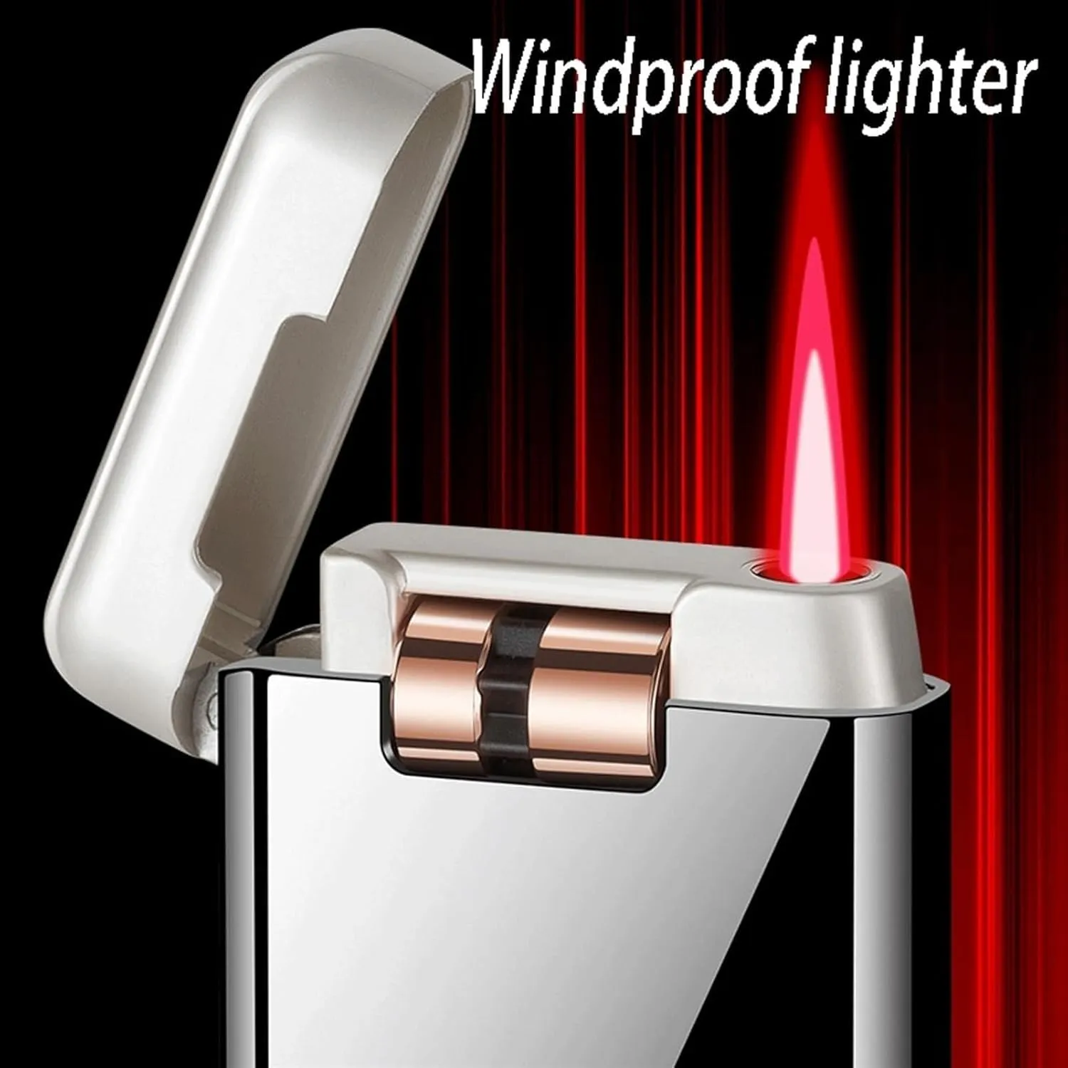 High-end Metal Butane lighters, Ultra-Thin Body flip-top Roller Ignition, Windproof Jet Flame, Adjustable Size, refillable Gas Portable Lighter (Fuel not Included)(Black)