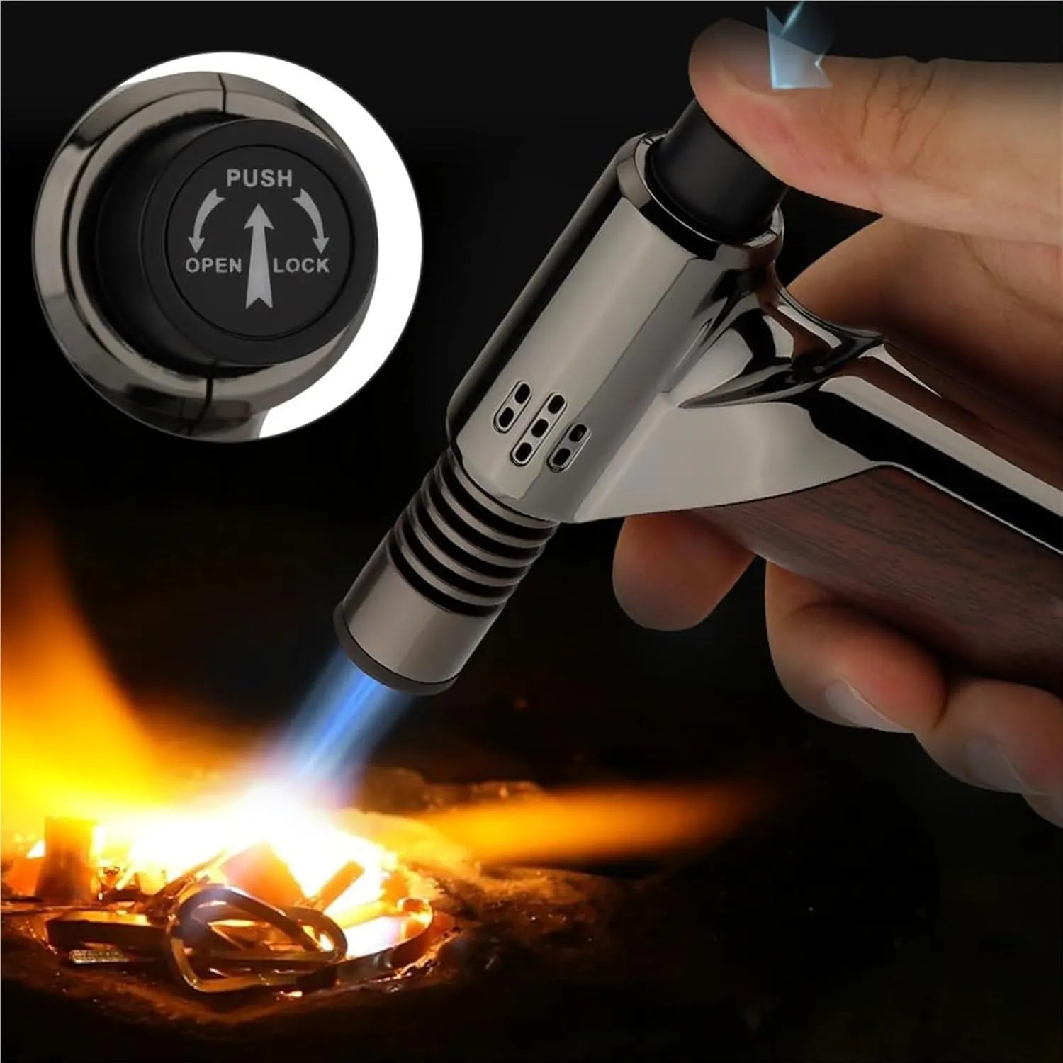 High-end Textured Multi-Purpose Butane Lighter, Vintage Metal Windproof Jet Flame, Adjustable Flame, Refillable Gas Portable Lighters for Camping Party (Fuel Not Included)(Brown 1)