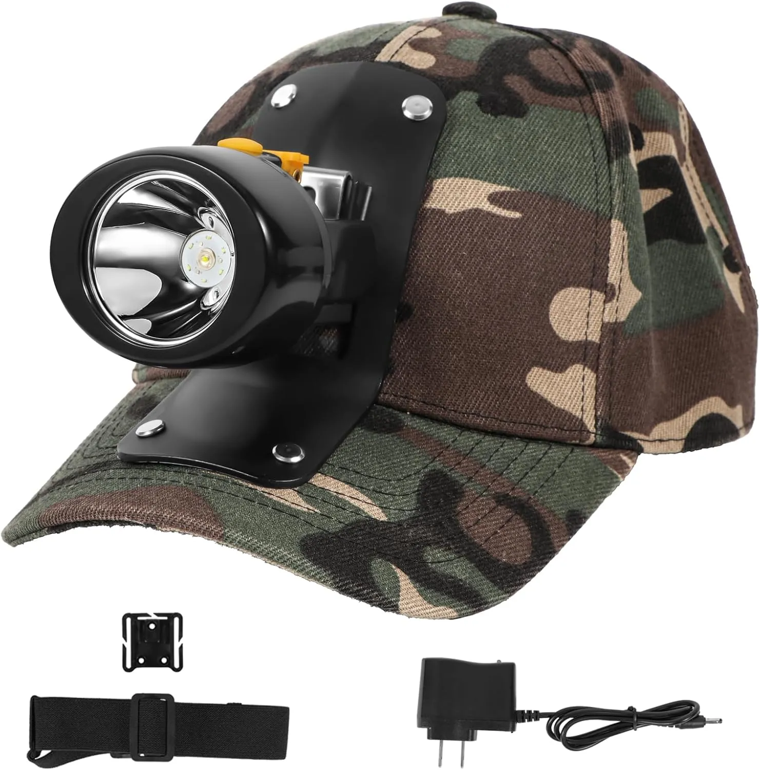 High Lumens LED Mining Headlamp with Hat - Waterproof, Durable, Long-Lasting Rechargeable Headlight, Adjustable Strap, Perfect for Miners Camping Hiking (KL2.8 Black-Yellow Button with Hat)