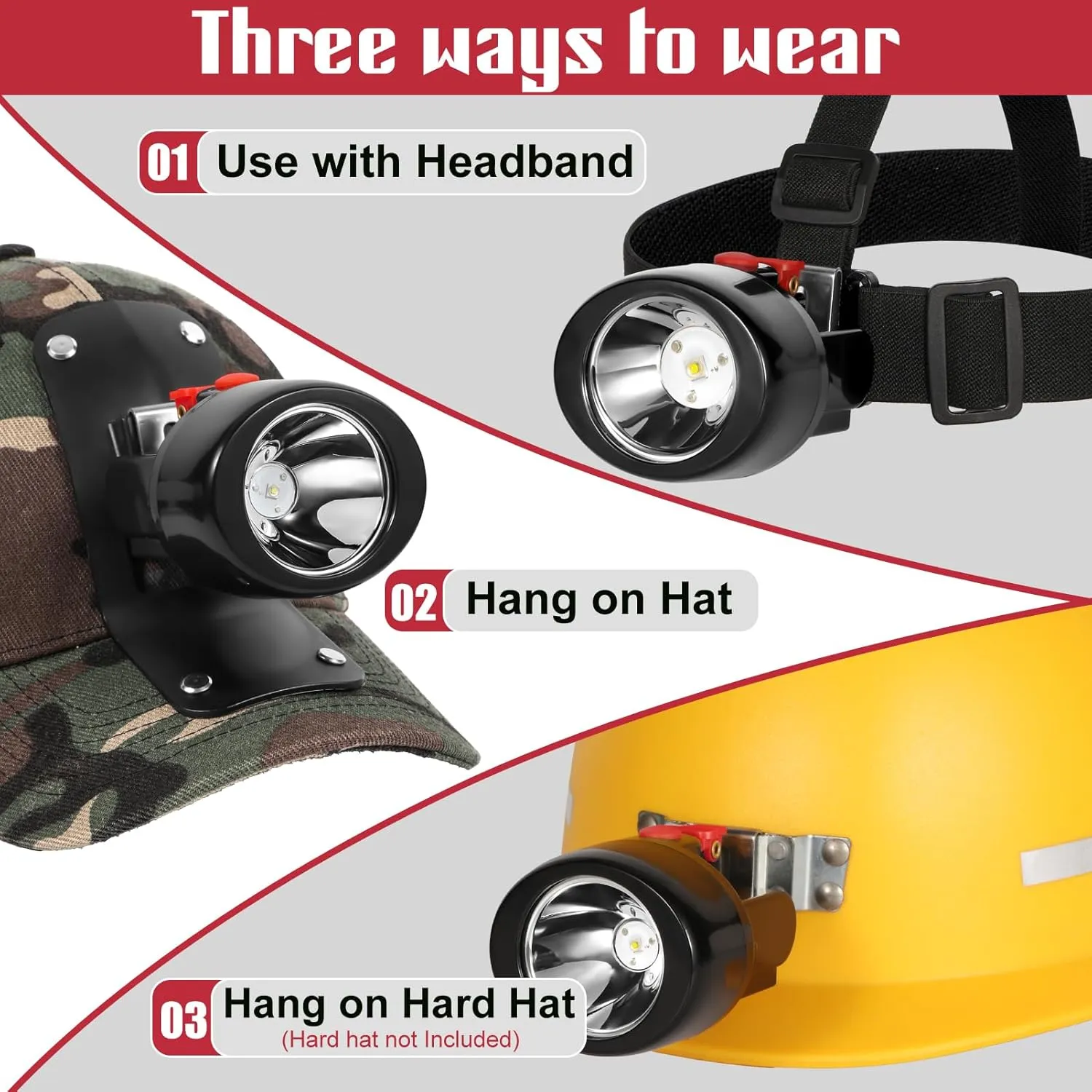 High Lumens LED Mining Headlamp with Hat - Waterproof, Durable, Long-Lasting Rechargeable Headlight, Adjustable Strap, Perfect for Miners Camping Hiking (KL3.0 Black-Red Button with Hat)