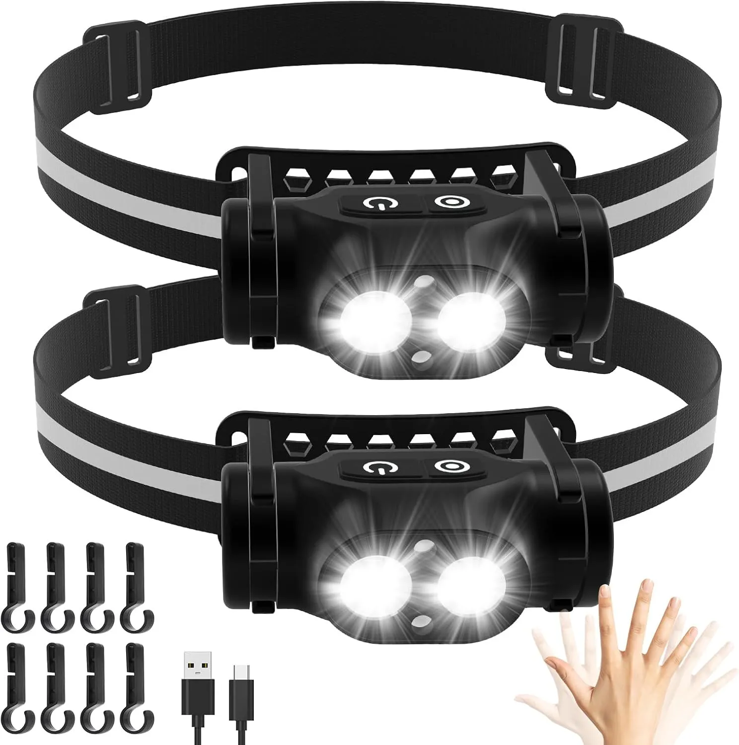 High Lumens Rechargeable Magnetic LED Headlamp for Camping, Hiking, Caving, Fishing, Waterproof Impact-Resistant Bright Head Light with 4 Light Modes, Adjustable Headstrap (2 Pack Magnetic Headlamp)