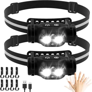 High Lumens Rechargeable Magnetic LED Headlamp for Camping, Hiking, Caving, Fishing, Waterproof Impact-Resistant Bright Head Light with 4 Light Modes, Adjustable Headstrap (2 Pack Magnetic Headlamp)