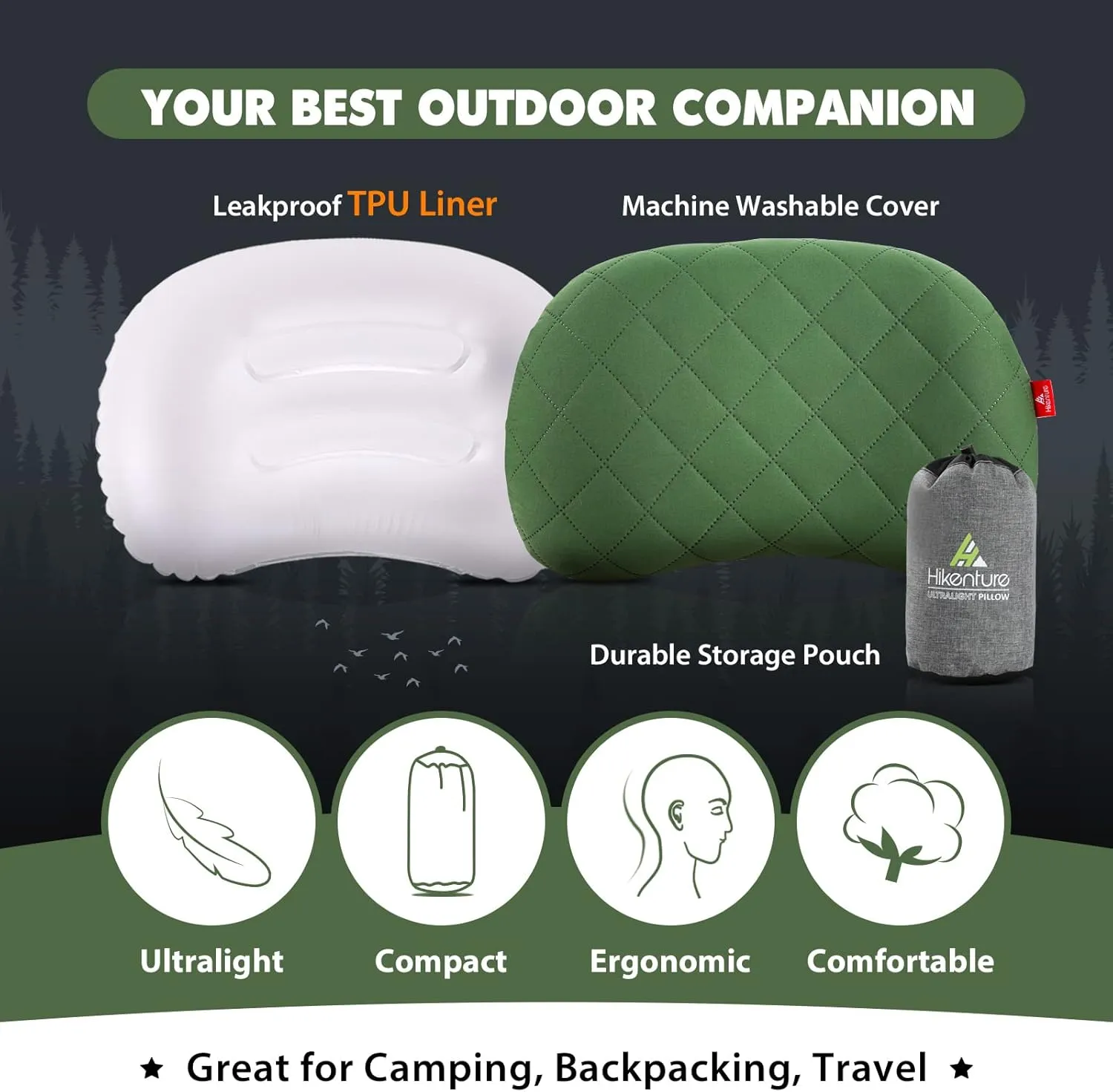 Hikenture Camping Pillow Inflatable, Washable Backpacking Pillow for Sleeping, Ultralight Blow Up Pillows with Removable Cover, Portable&Compact Hiking Pillow for Beach, Travel, Outdoor(Green)