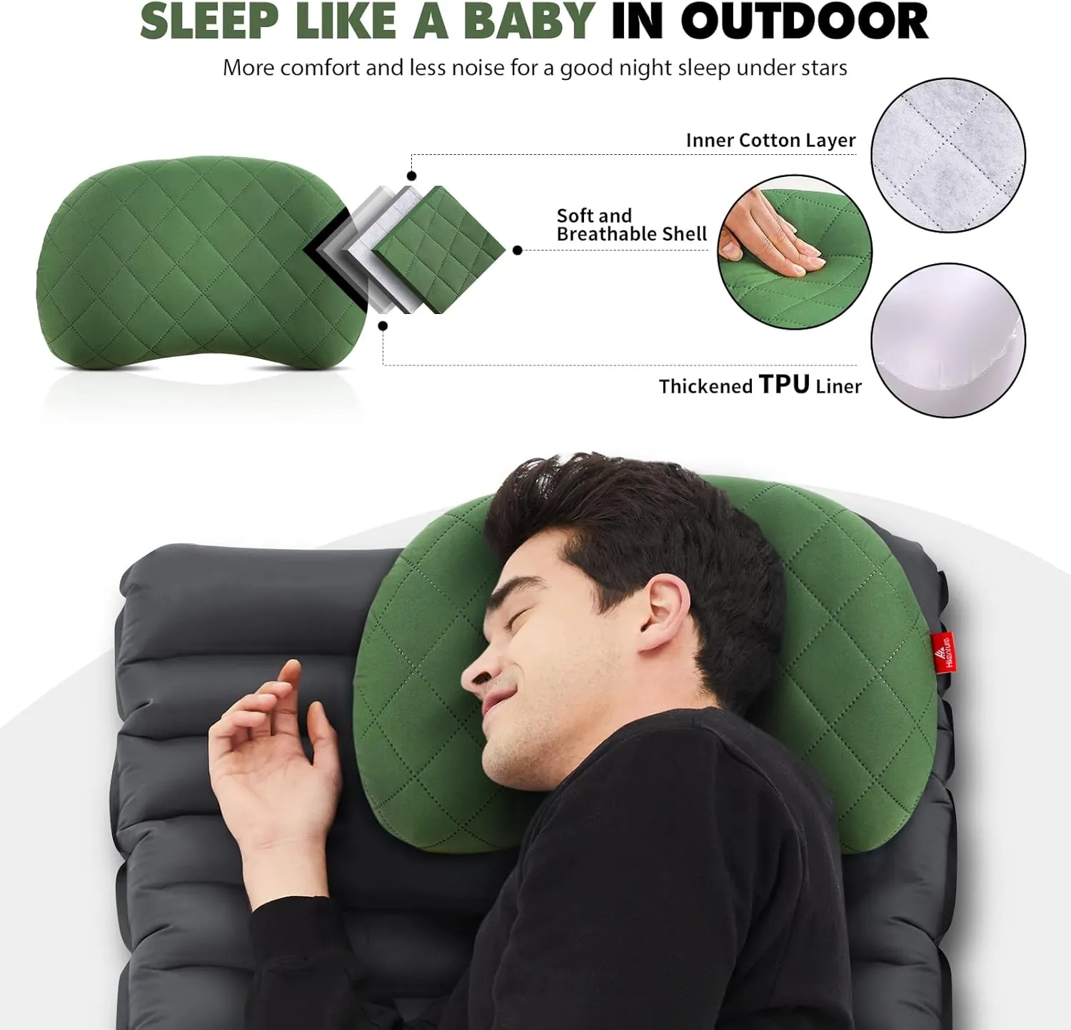 Hikenture Camping Pillow Inflatable, Washable Backpacking Pillow for Sleeping, Ultralight Blow Up Pillows with Removable Cover, Portable&Compact Hiking Pillow for Beach, Travel, Outdoor(Green)