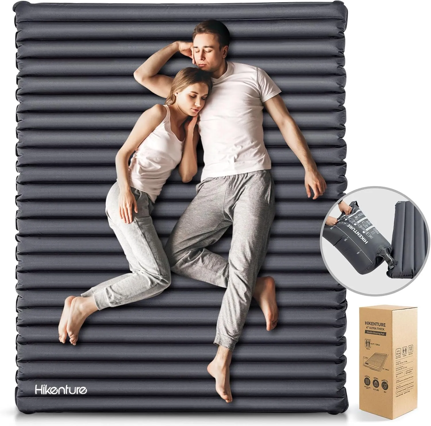 Hikenture Double Sleeping Pad for Camping, 4" Extra-Thick Camping Mattress 2 Person, Inflatable & Ultralight Sleeping Mat for Backpacking, Hiking (Grey Pumpsack, Full XL)