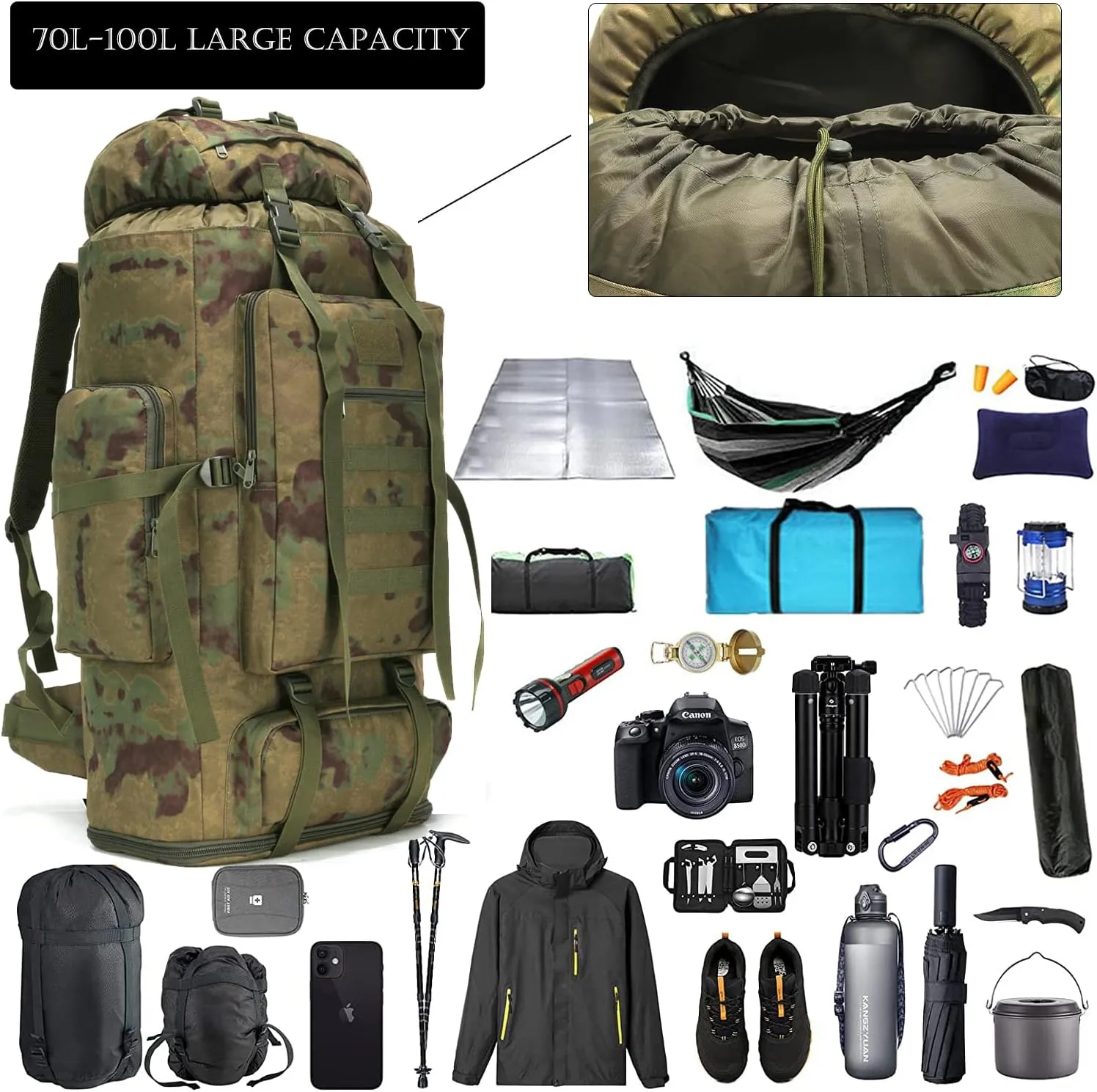 Hiking Backpack for Men 70L/100L Camping Backpack Military Rucksack Molle 3 Days Assault Pack for Climbing
