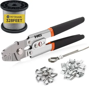 HKS Up to 2.2mm Wire Rope Crimp Tool with 328FT 1/16'' Stainless Steel Wire Rope Kit, 200 pcs M1.5 Aluminum Double Tube Ferrules and 50 pcs Stainless Steel Thimbles, Crimp Tool with Cutting Function
