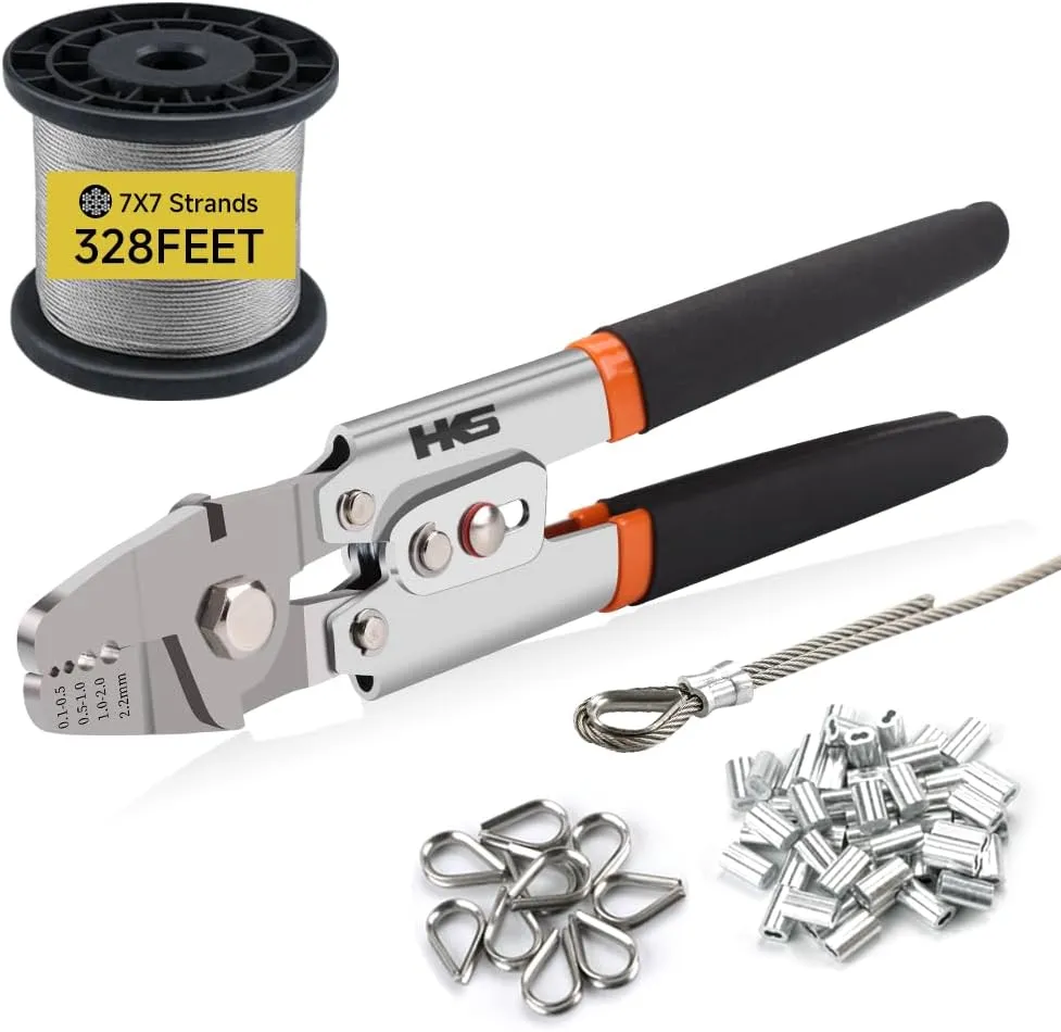 HKS Up to 2.2mm Wire Rope Crimp Tool with 328FT 1/16'' Stainless Steel Wire Rope Kit, 200 pcs M1.5 Aluminum Double Tube Ferrules and 50 pcs Stainless Steel Thimbles, Crimp Tool with Cutting Function