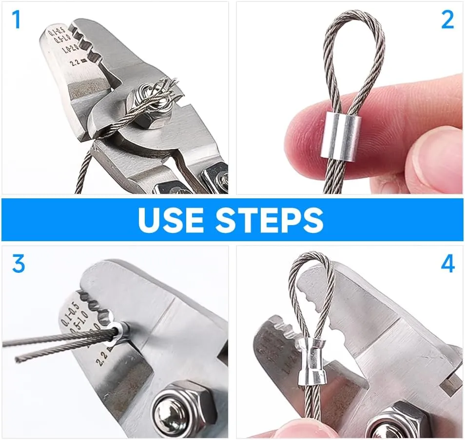 HKS Up to 2.2mm Wire Rope Crimp Tool with 328FT 1/16'' Stainless Steel Wire Rope Kit, 200 pcs M1.5 Aluminum Double Tube Ferrules and 50 pcs Stainless Steel Thimbles, Crimp Tool with Cutting Function
