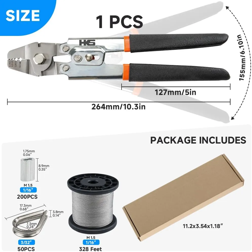 HKS Up to 2.2mm Wire Rope Crimp Tool with 328FT 1/16'' Stainless Steel Wire Rope Kit, 200 pcs M1.5 Aluminum Double Tube Ferrules and 50 pcs Stainless Steel Thimbles, Crimp Tool with Cutting Function