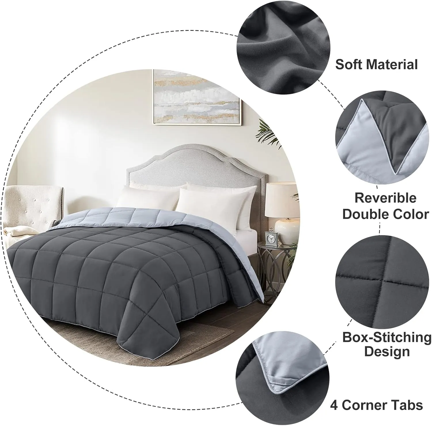 Homelike Moment Comforters Queen Size - Grey Duvet Insert Down Alternative Bed Queen Comforter, Lightweight Bedding Comforters Full Size Quilted Soft All Season Reversible Dark Gray/Light Grey