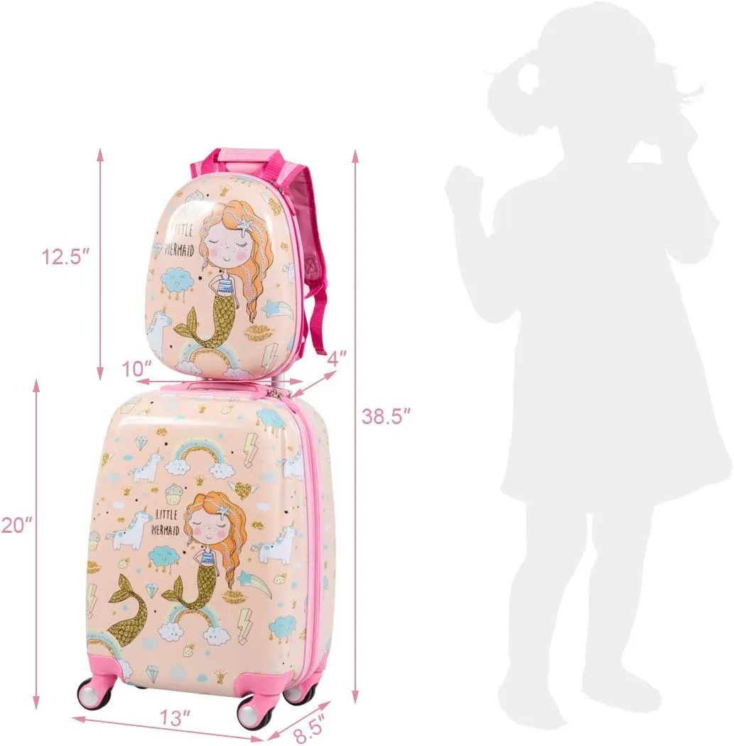 HONEY JOY Kids Luggage, 12" Toddler Backpack & 18" Travel Suitcase with Wheels, Lightweight Toddler Girls Suitcase, Durable ABS Hardshell, 2Pcs Carry On Luggage Set for Boys Girls, Pink Mermaid