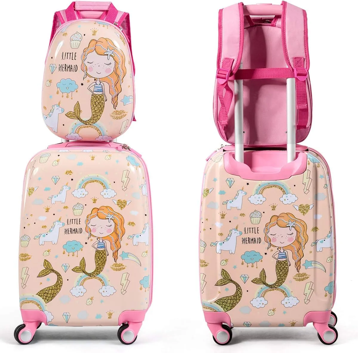 HONEY JOY Kids Luggage, 12" Toddler Backpack & 18" Travel Suitcase with Wheels, Lightweight Toddler Girls Suitcase, Durable ABS Hardshell, 2Pcs Carry On Luggage Set for Boys Girls, Pink Mermaid
