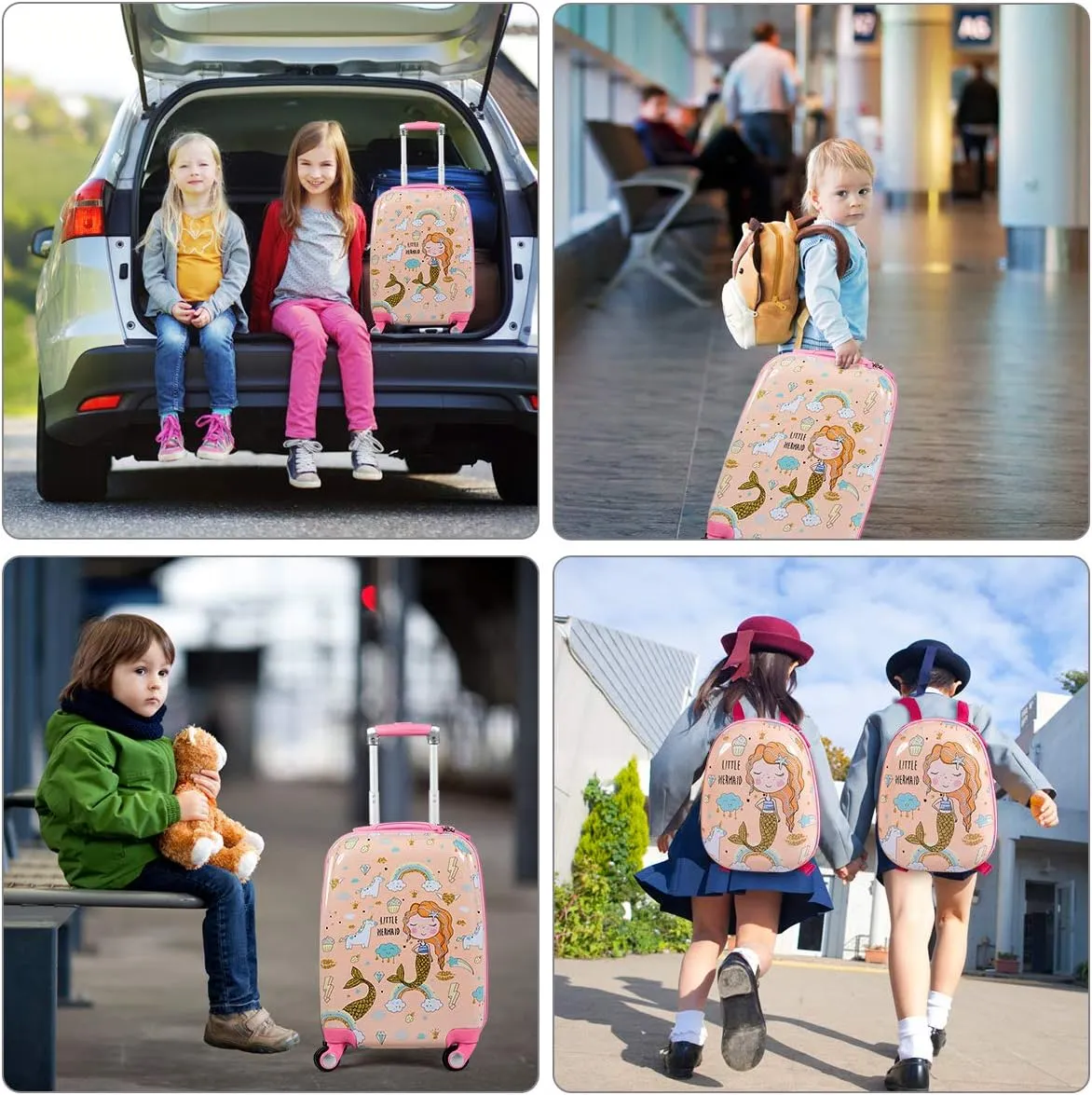HONEY JOY Kids Luggage, 12" Toddler Backpack & 18" Travel Suitcase with Wheels, Lightweight Toddler Girls Suitcase, Durable ABS Hardshell, 2Pcs Carry On Luggage Set for Boys Girls, Pink Mermaid