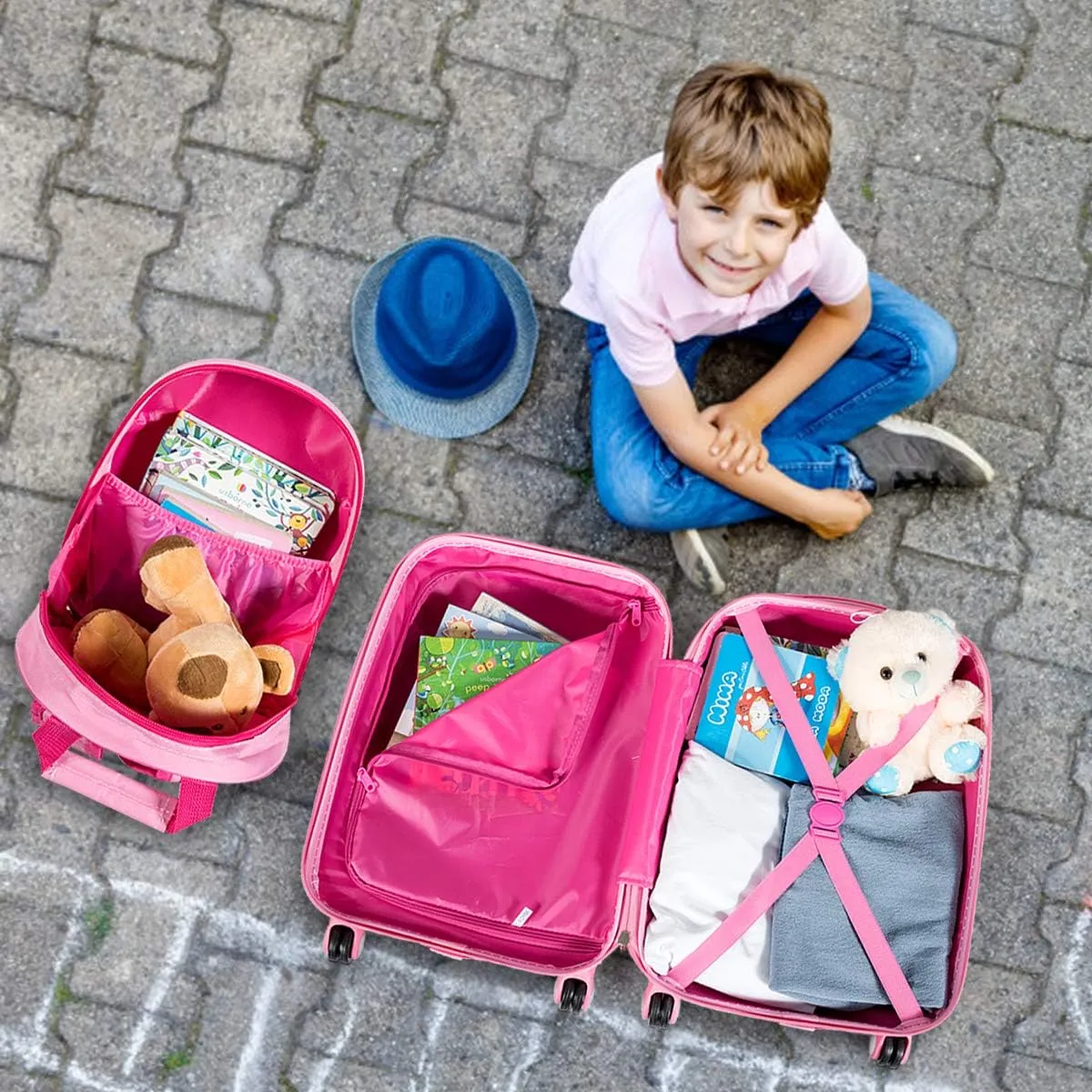 HONEY JOY Kids Luggage, 12" Toddler Backpack & 18" Travel Suitcase with Wheels, Lightweight Toddler Girls Suitcase, Durable ABS Hardshell, 2Pcs Carry On Luggage Set for Boys Girls, Pink Mermaid