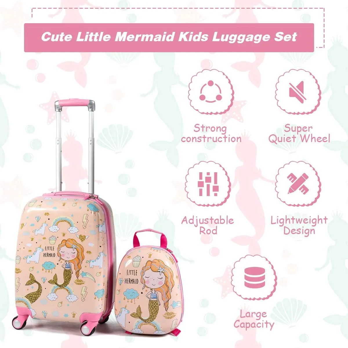 HONEY JOY Kids Luggage, 12" Toddler Backpack & 18" Travel Suitcase with Wheels, Lightweight Toddler Girls Suitcase, Durable ABS Hardshell, 2Pcs Carry On Luggage Set for Boys Girls, Pink Mermaid