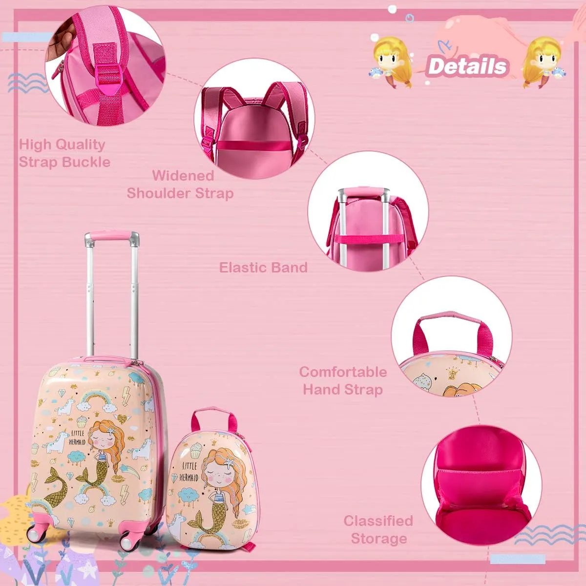 HONEY JOY Kids Luggage, 12" Toddler Backpack & 18" Travel Suitcase with Wheels, Lightweight Toddler Girls Suitcase, Durable ABS Hardshell, 2Pcs Carry On Luggage Set for Boys Girls, Pink Mermaid