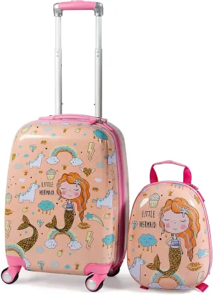 HONEY JOY Kids Luggage, 12" Toddler Backpack & 18" Travel Suitcase with Wheels, Lightweight Toddler Girls Suitcase, Durable ABS Hardshell, 2Pcs Carry On Luggage Set for Boys Girls, Pink Mermaid