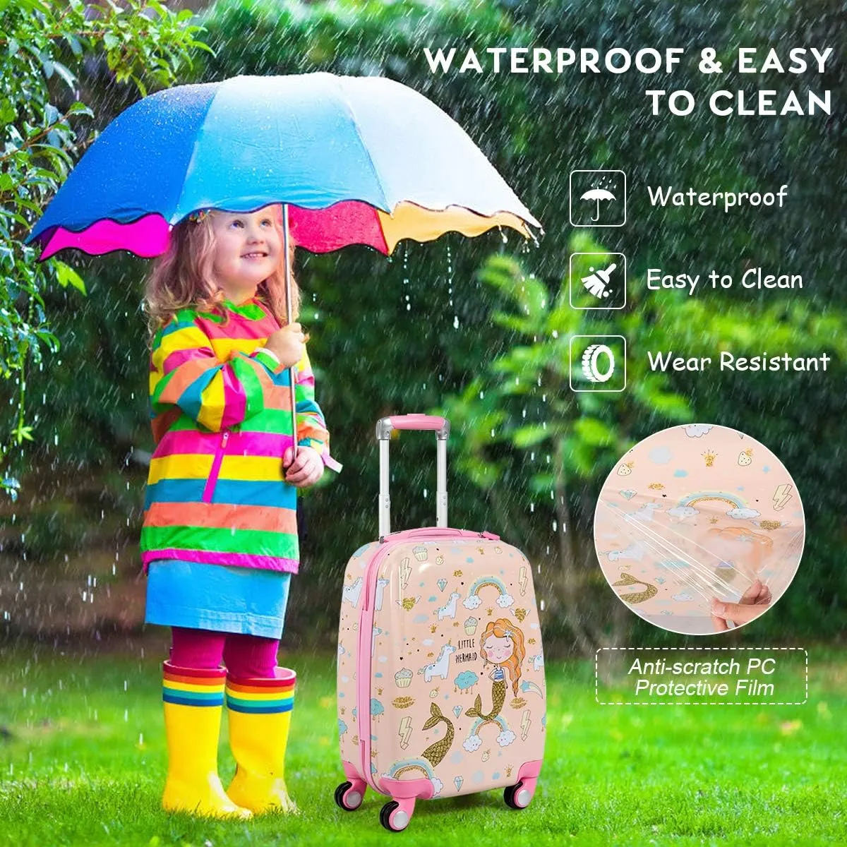 HONEY JOY Kids Luggage, 12" Toddler Backpack & 18" Travel Suitcase with Wheels, Lightweight Toddler Girls Suitcase, Durable ABS Hardshell, 2Pcs Carry On Luggage Set for Boys Girls, Pink Mermaid