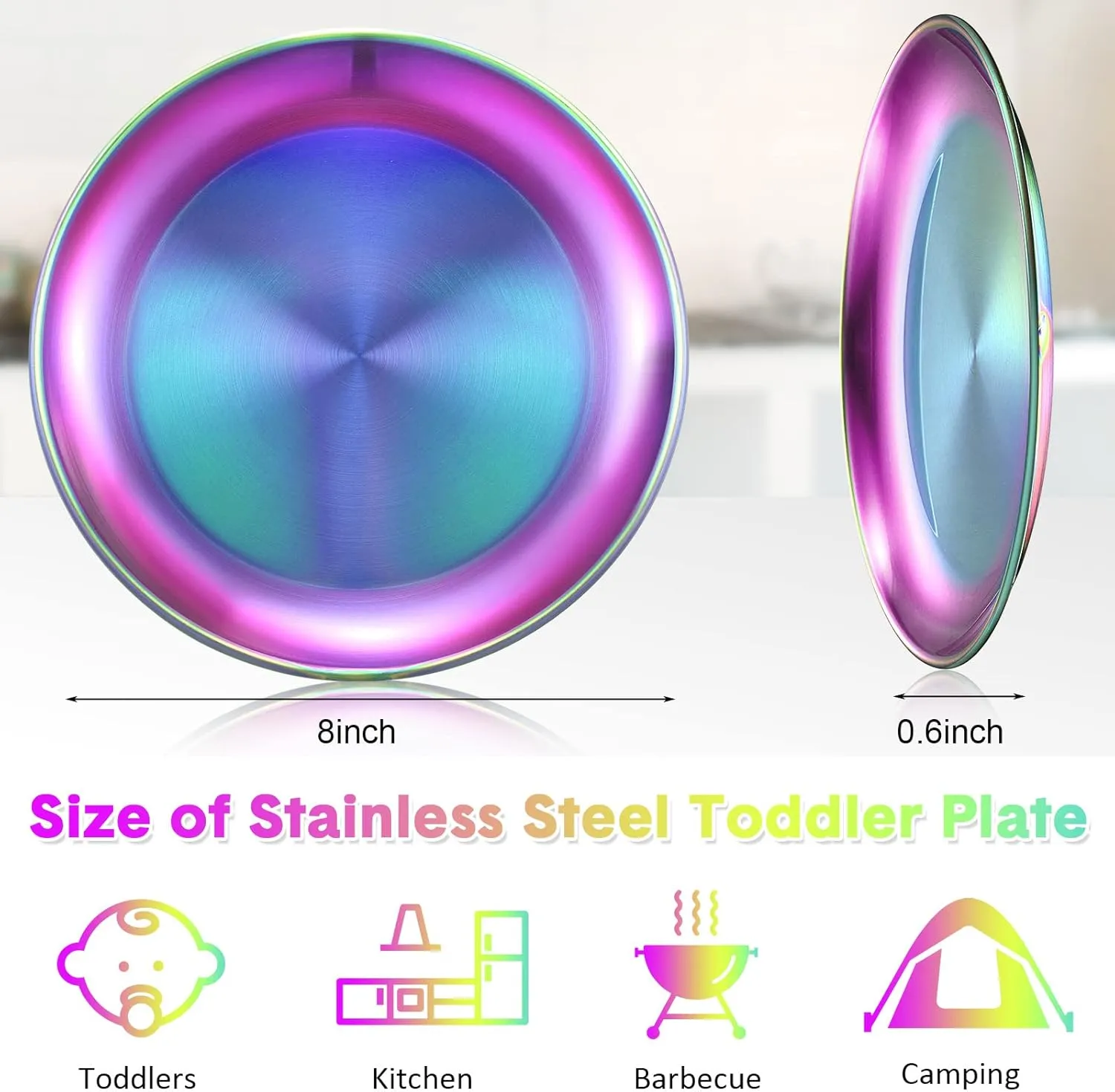 Honeydak 10 Pcs 18/8 Stainless Steel Plate Bulk 304 Stainless Steel Dishes 8 Inches Adult Reusable Camping Plates Dishwasher Safe Feeding Serving Flat Plate Double Layers Round Dessert(Multi Color)