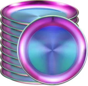 Honeydak 10 Pcs 18/8 Stainless Steel Plate Bulk 304 Stainless Steel Dishes 8 Inches Adult Reusable Camping Plates Dishwasher Safe Feeding Serving Flat Plate Double Layers Round Dessert(Multi Color)
