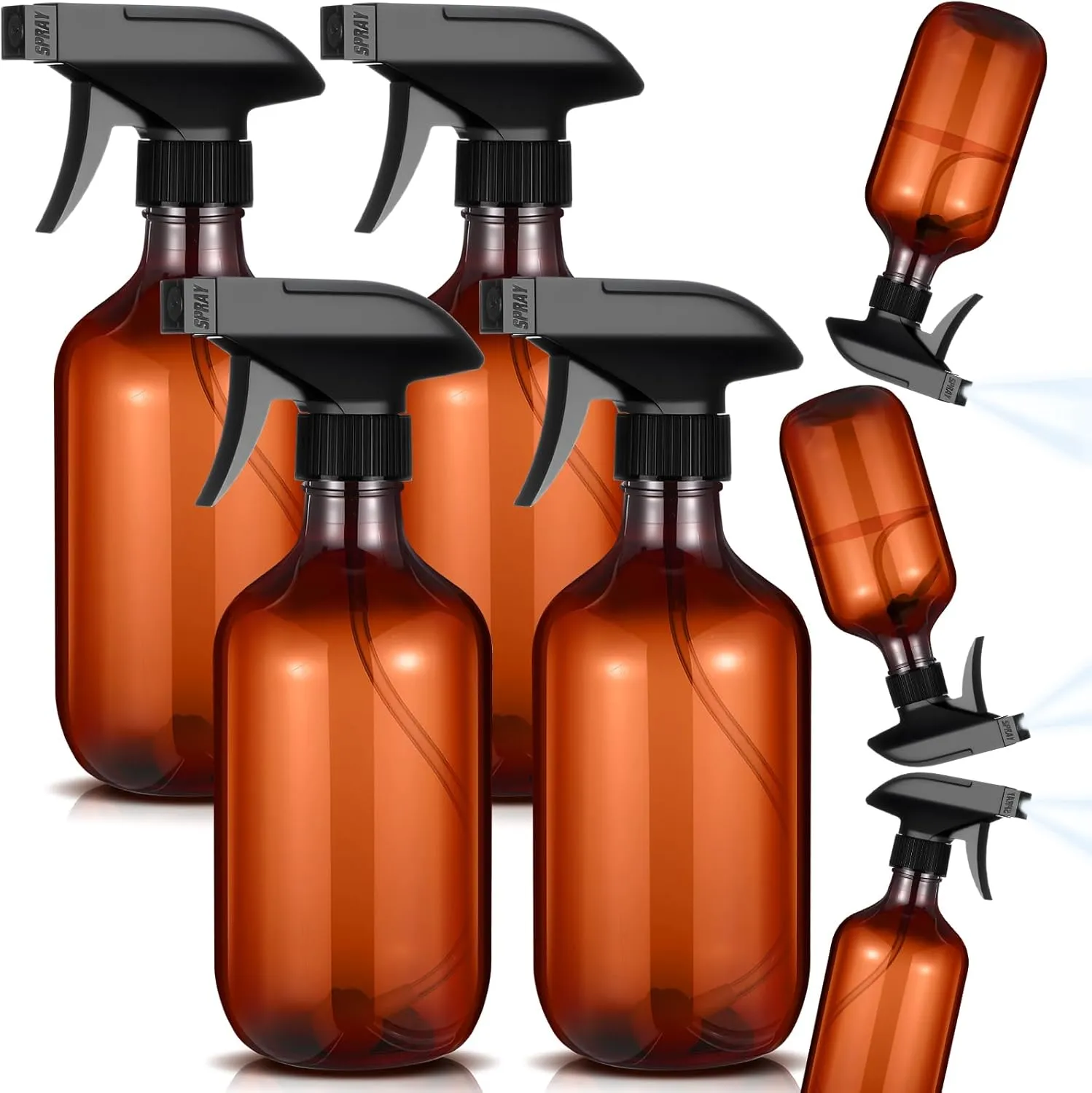 Honeydak 4 Pcs 360° Spray Bottles 16 oz Upside Down Spray Bottles, Plastic Container Is Nice for Plants Cleaning Solutions Durable Nozzle W/fine Mist and Stream Setting(Amber)