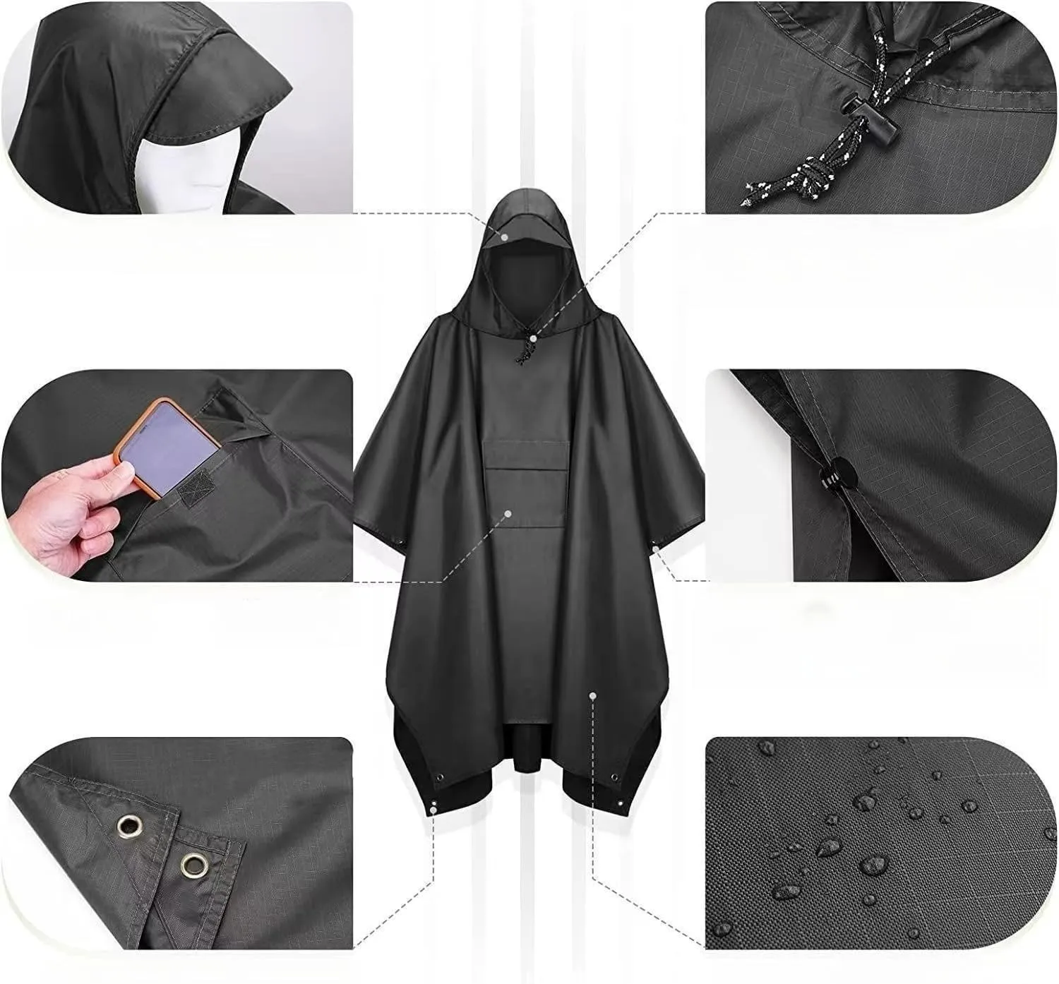 Hooded Rain Poncho for Adults with Pocket, Waterproof Lightweight Raincoat for Hiking Camping Emergency