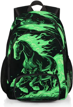 Horses Green Flame Backpack for Women Men Travel Casual Daypack Laptop iPad Tablet Shoulder Bag Lightweight Backpack with Multiple Pockets