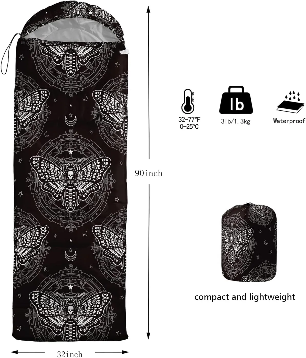 HOSIMA Butterfly Sleeping Bags for Adults and Kids for Camping,Black Gothic Ultralight Sleeping Bag for Cold Weather Summer.