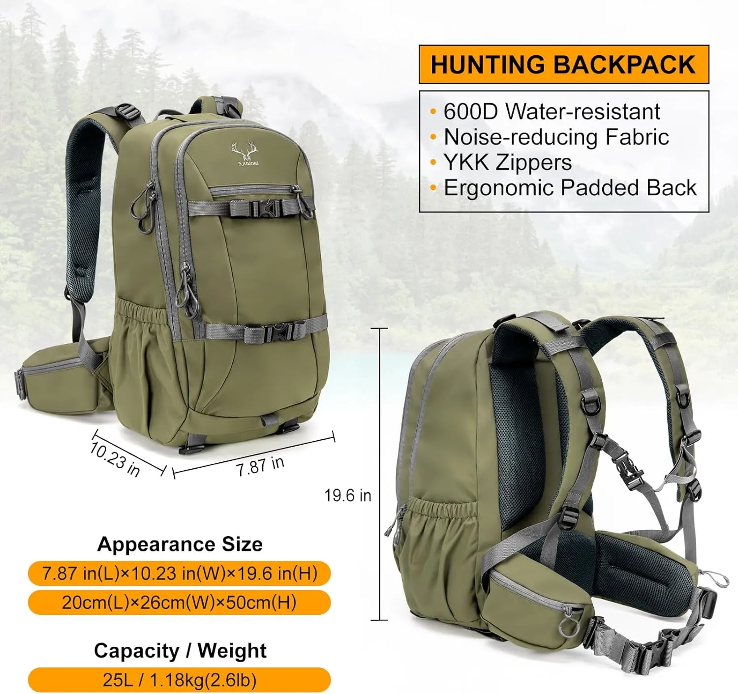 Hunting Backpack Waterproof Pack: 25L Hunting Gear with Rain Cover,Hunting Day Pack with Rifle Bow Gun Holder (Green)