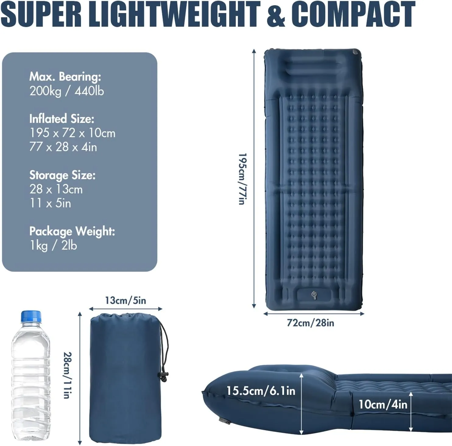HXBER Inflatable Sleeping Pad Extra Thick 4 Inch Sleeping Pad Mat Air Mattress with Built-in Pump for Camping Backpacking Hiking Traveling Tent, Blue